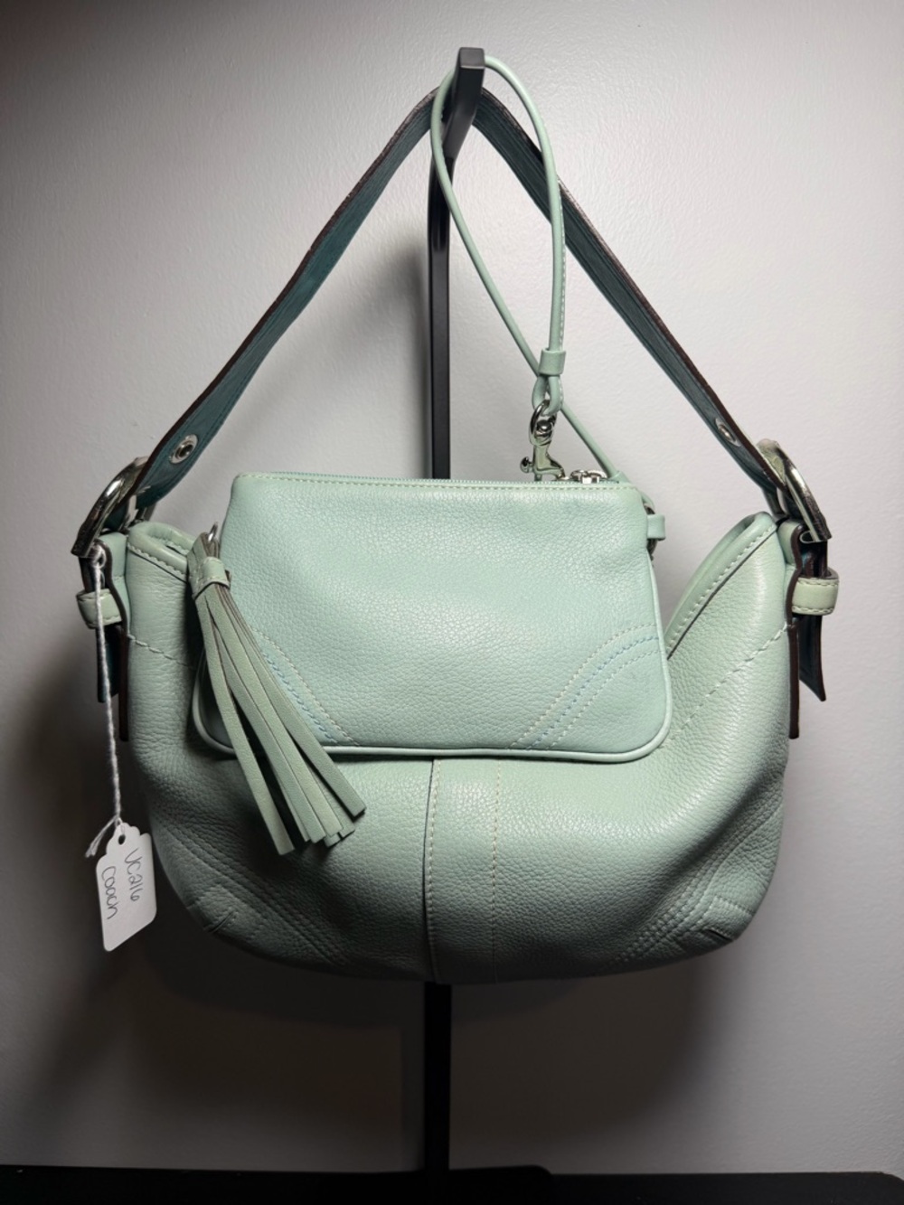 Mint Green Leather Shoulder Bag with Tassel vintage Tiffany blue